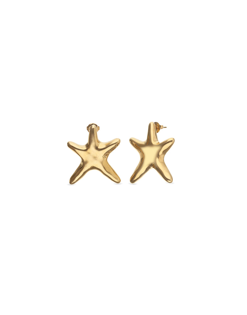 UNOde50 gold plated starfish stud earrings with polished organic starfish design, front view.