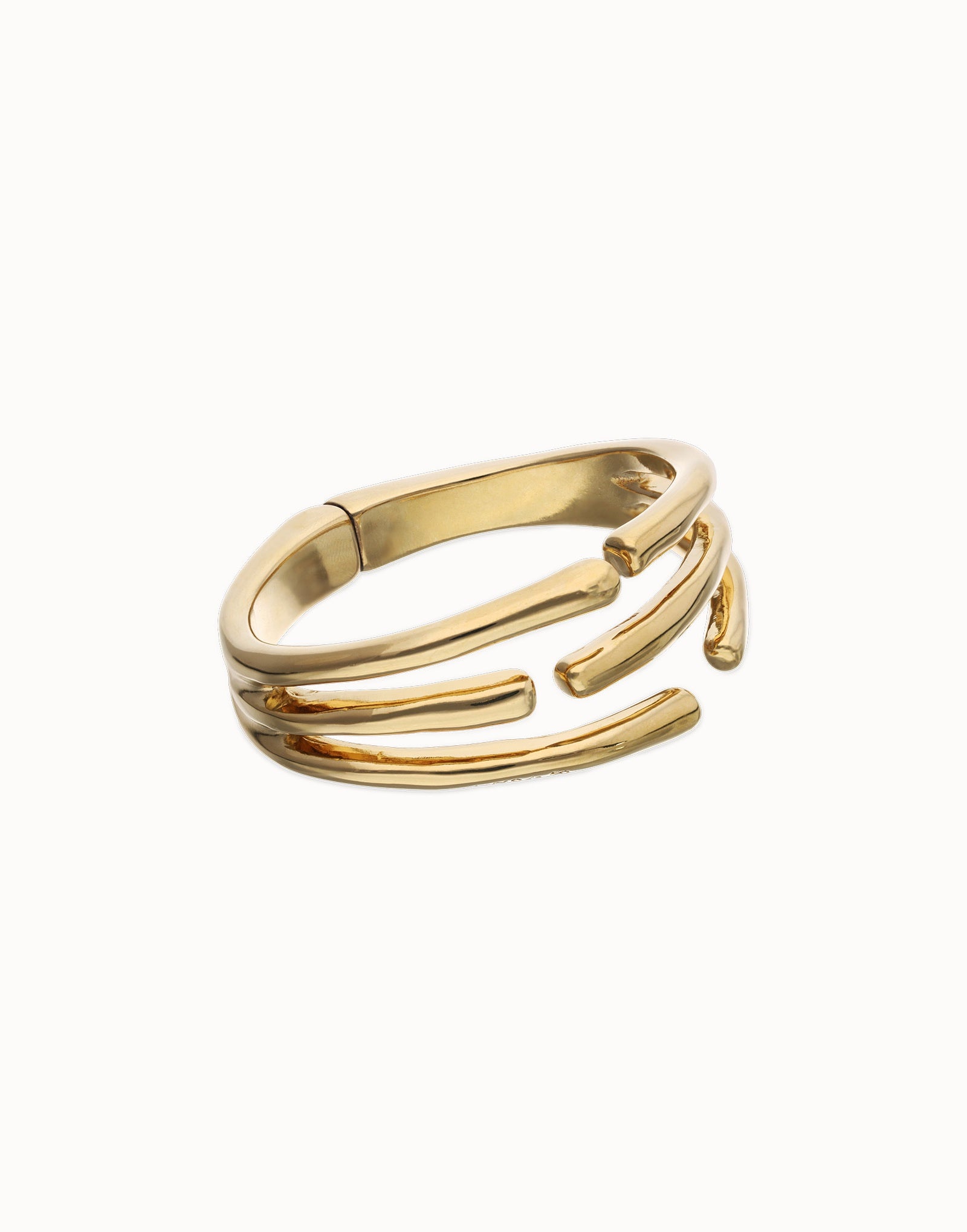 UNOde50 Organic gold plated three intertwined cuff bangle front angled view with sculptural open design.