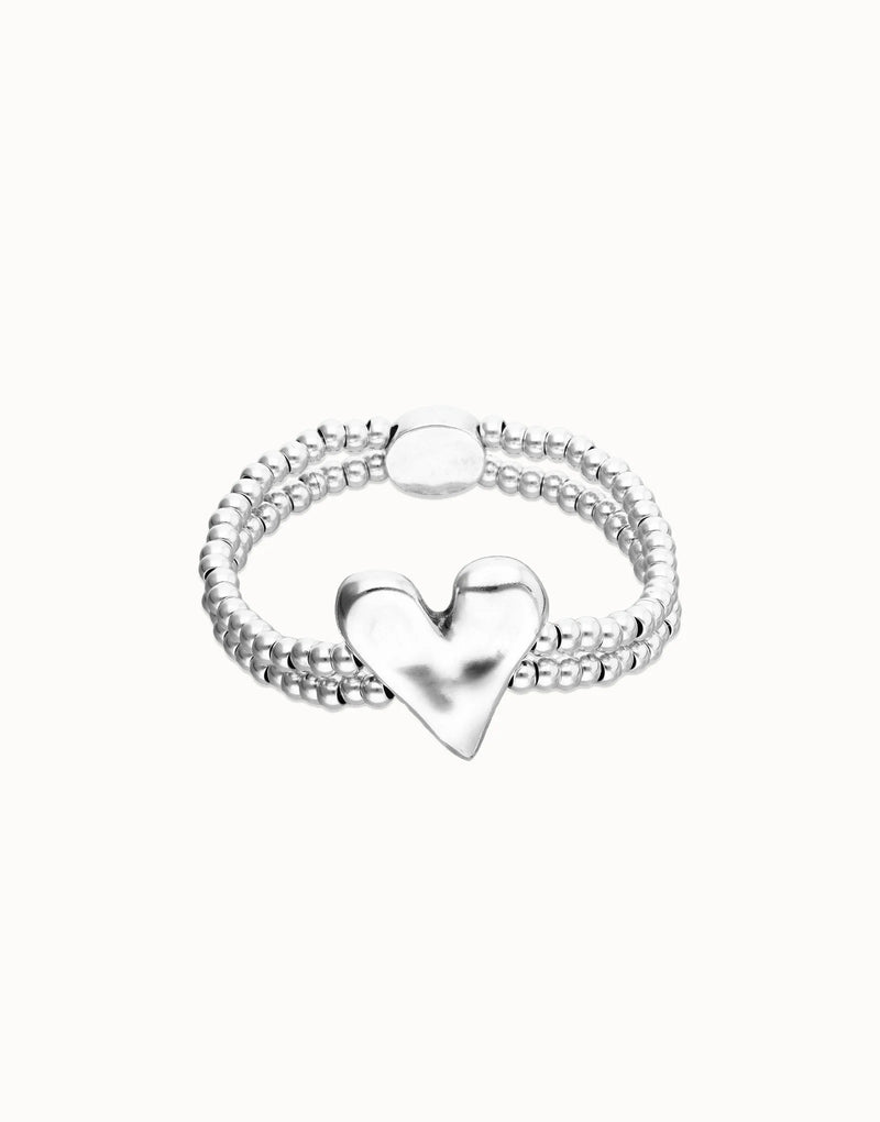 UNOde50 silver plated double beaded bracelet with polished heart centrepiece, front view.