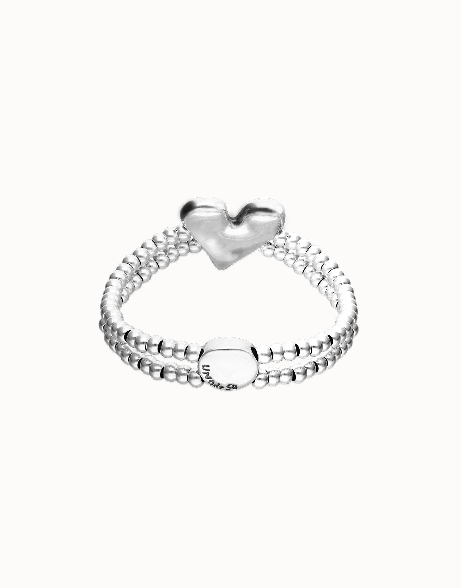 UNOde50 silver plated double beaded bracelet with polished heart centrepiece, front view.