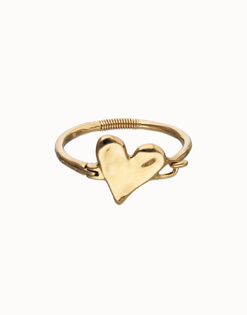 UNOde50 gold plated heart bangle front view with polished heart centre and semi-rigid bracelet design.