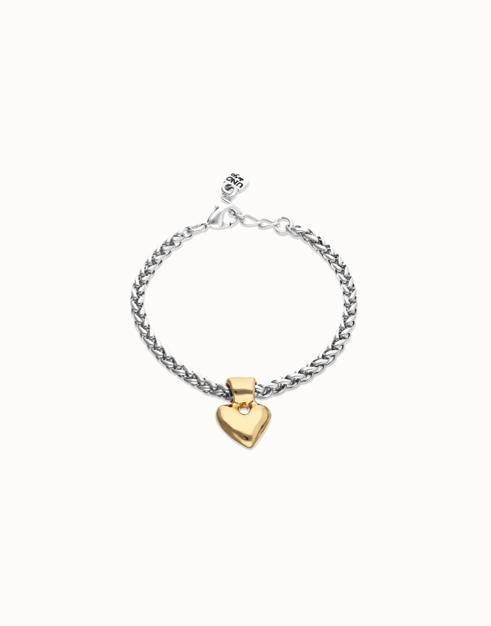 UNOde50 silver plated chain bracelet with gold plated heart pendant, front view.