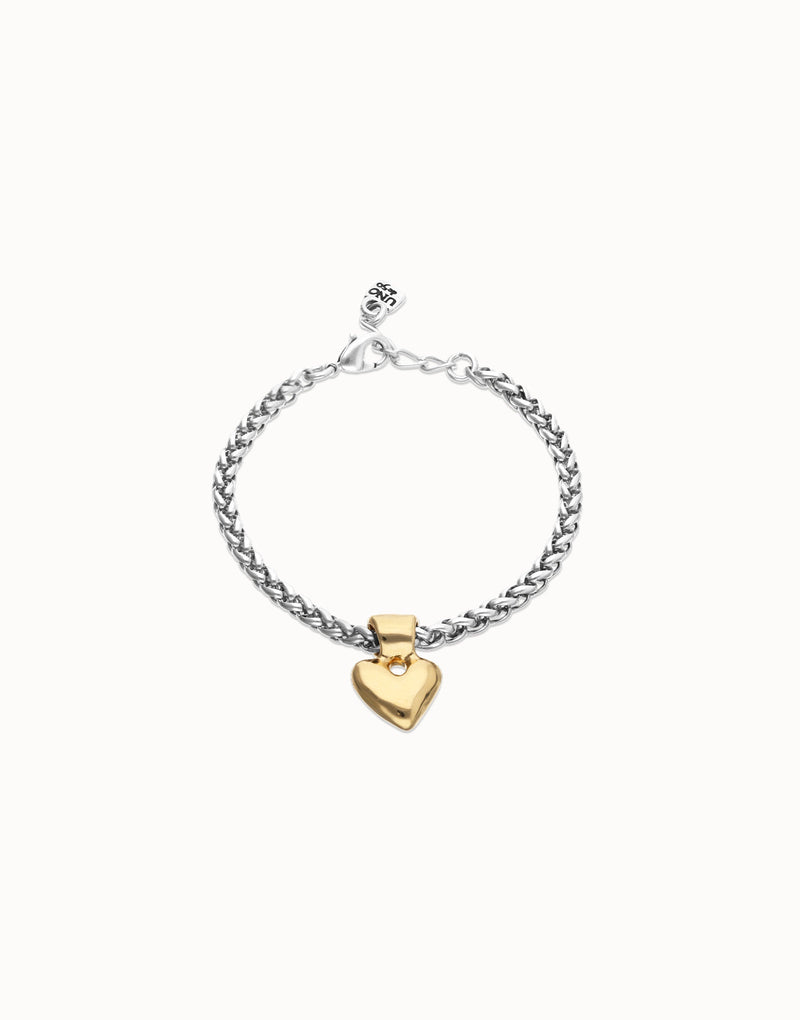 UNOde50 silver plated chain bracelet with gold plated heart pendant, front view.
