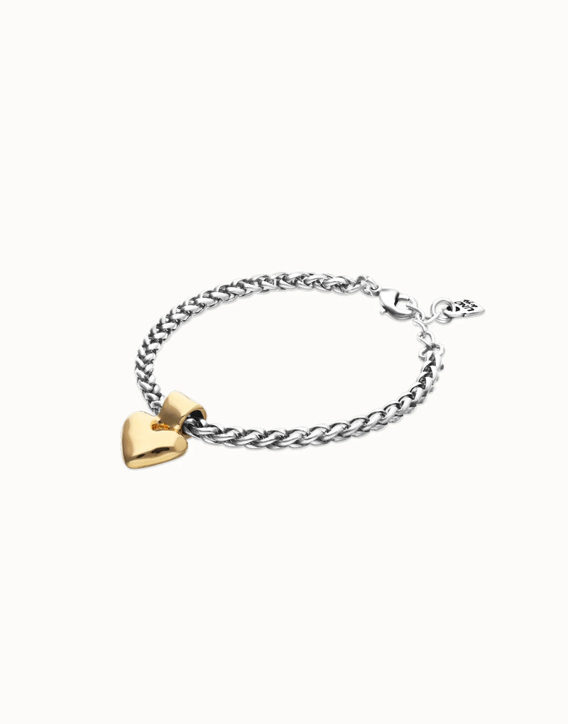 UNOde50 silver plated chain bracelet with gold plated heart pendant, front view.