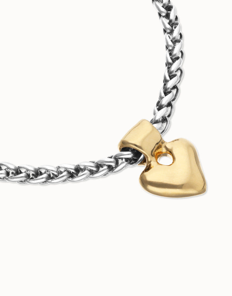 UNOde50 silver plated chain bracelet with gold plated heart pendant, front view.