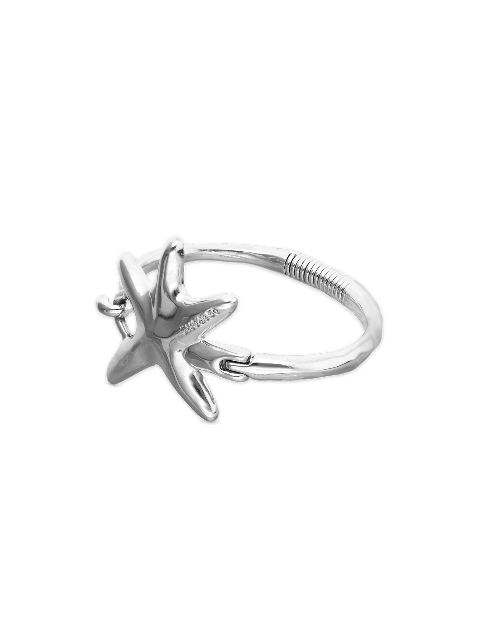UNOde50 silver plated starfish charm bangle with polished organic starfish pendant, front view.