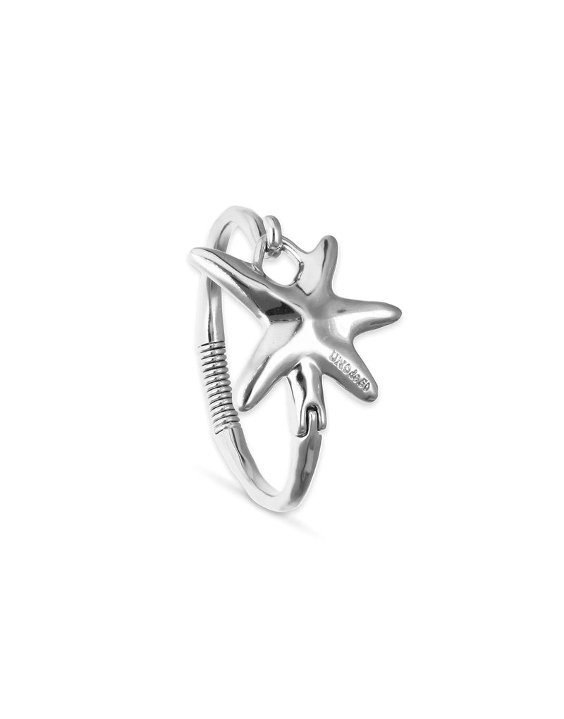 UNOde50 silver plated starfish charm bangle with polished organic starfish pendant, front view.