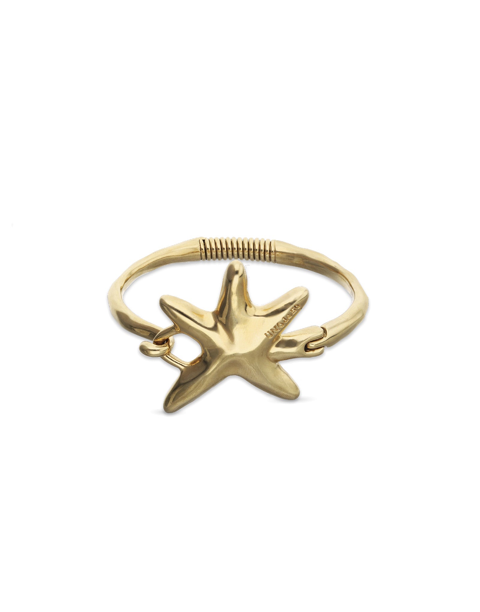 UNOde50 gold plated starfish bangle with polished organic starfish centrepiece, front view.