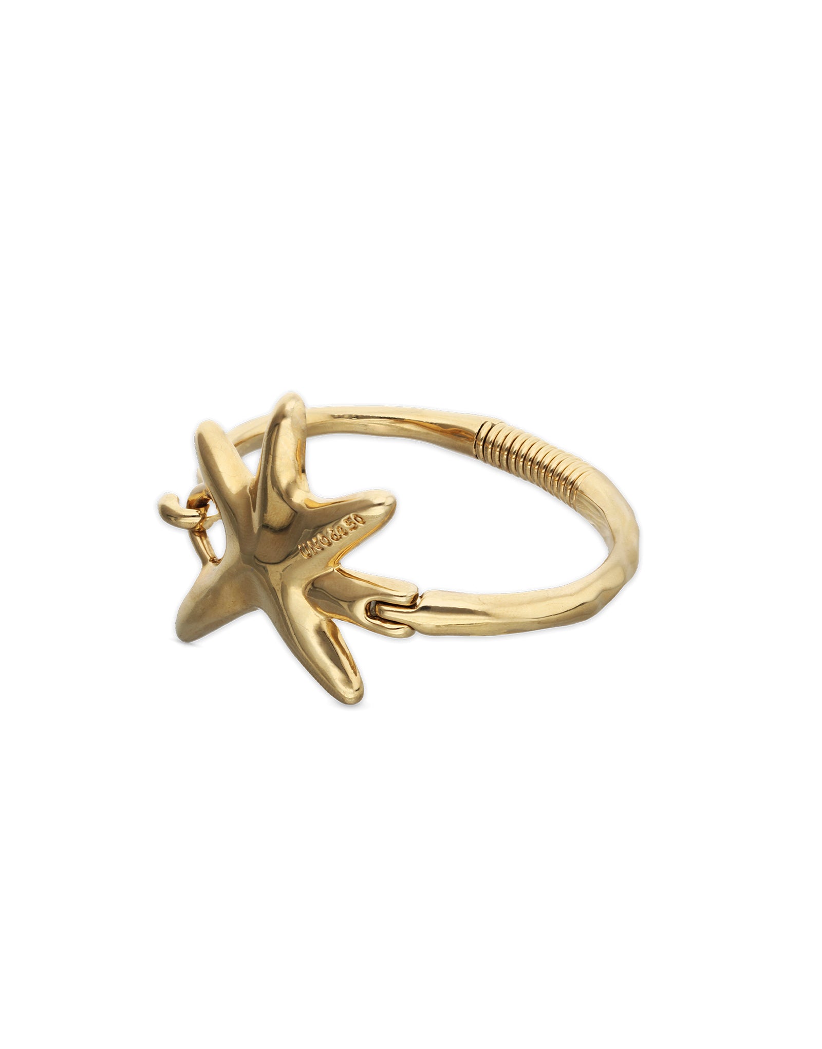 UNOde50 gold plated starfish bangle with polished organic starfish centrepiece, front view.