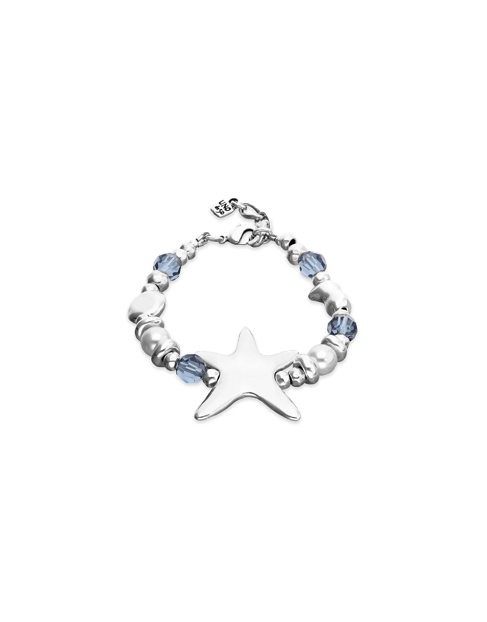 UNOde50 silver plated starfish bracelet with blue crystal beads, pearl accents and polished starfish centrepiece