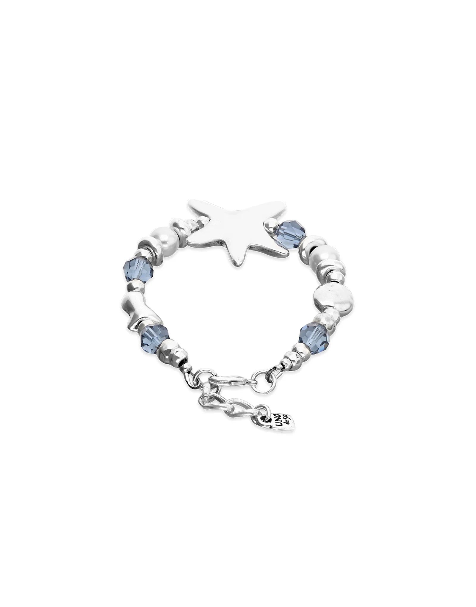 UNOde50 silver plated starfish bracelet with blue crystal beads, pearl accents and polished starfish centrepiece