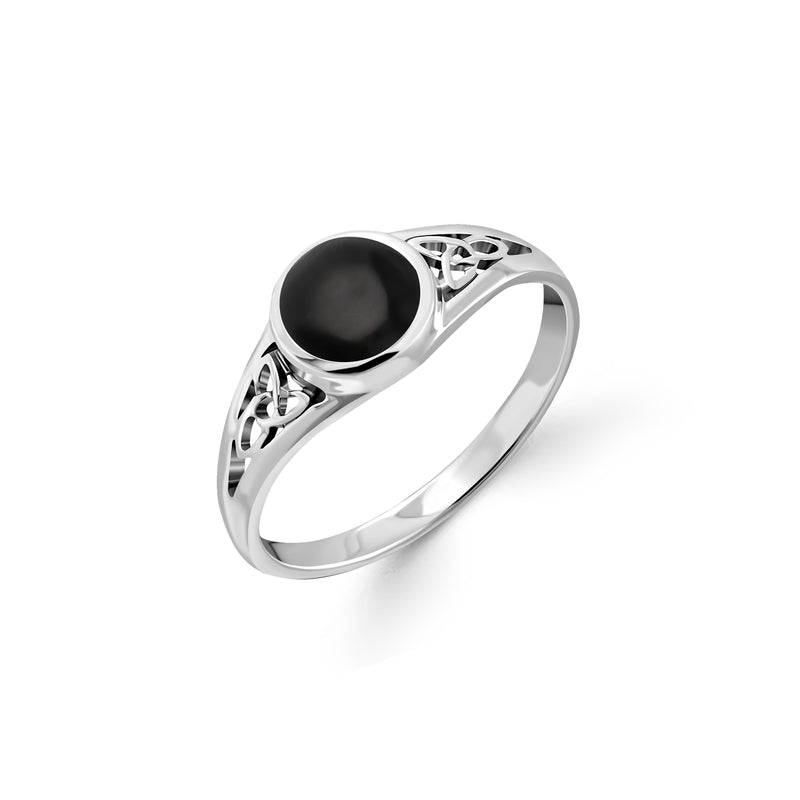 Sterling Silver Whitby Jet Round Celtic Triangle Ring