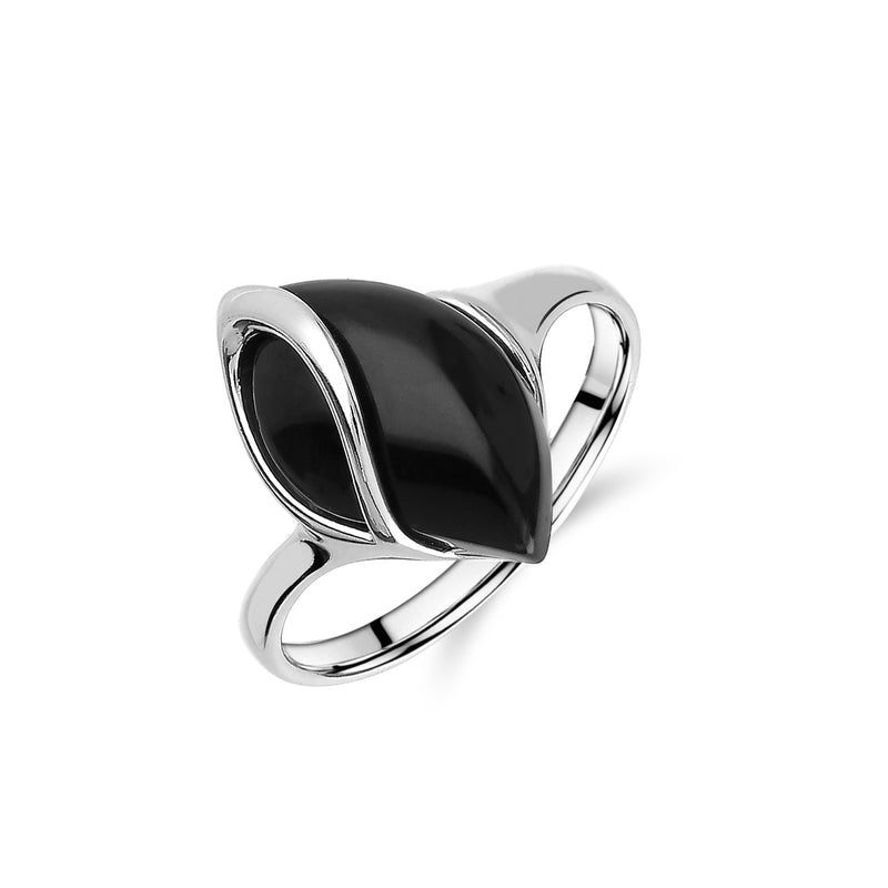 Sterling Silver Whitby Jet Teardrop Leaf Ring