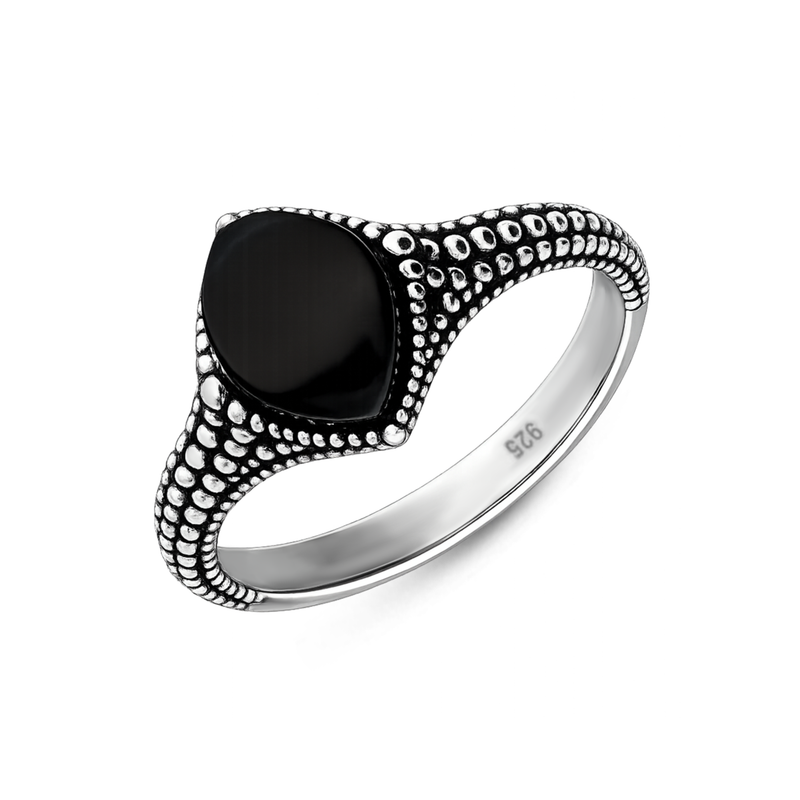 Sterling Silver Beaded Marquise Whitby Jet Ring