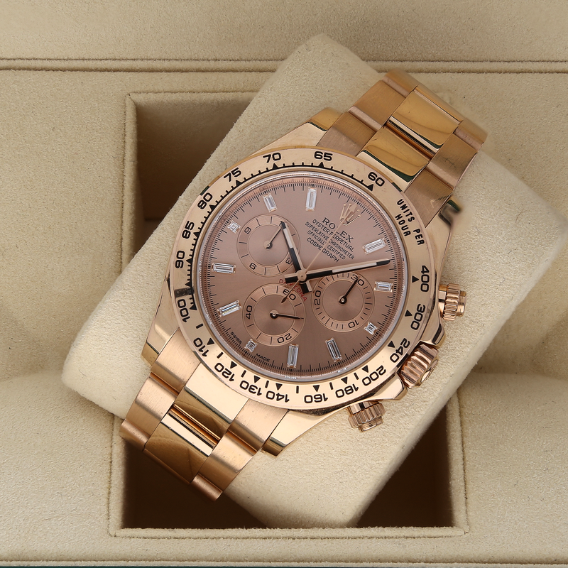 Rolex Daytona 116505 Everose Gold Baguette Diamond Dial Watch – 2014, Full Set