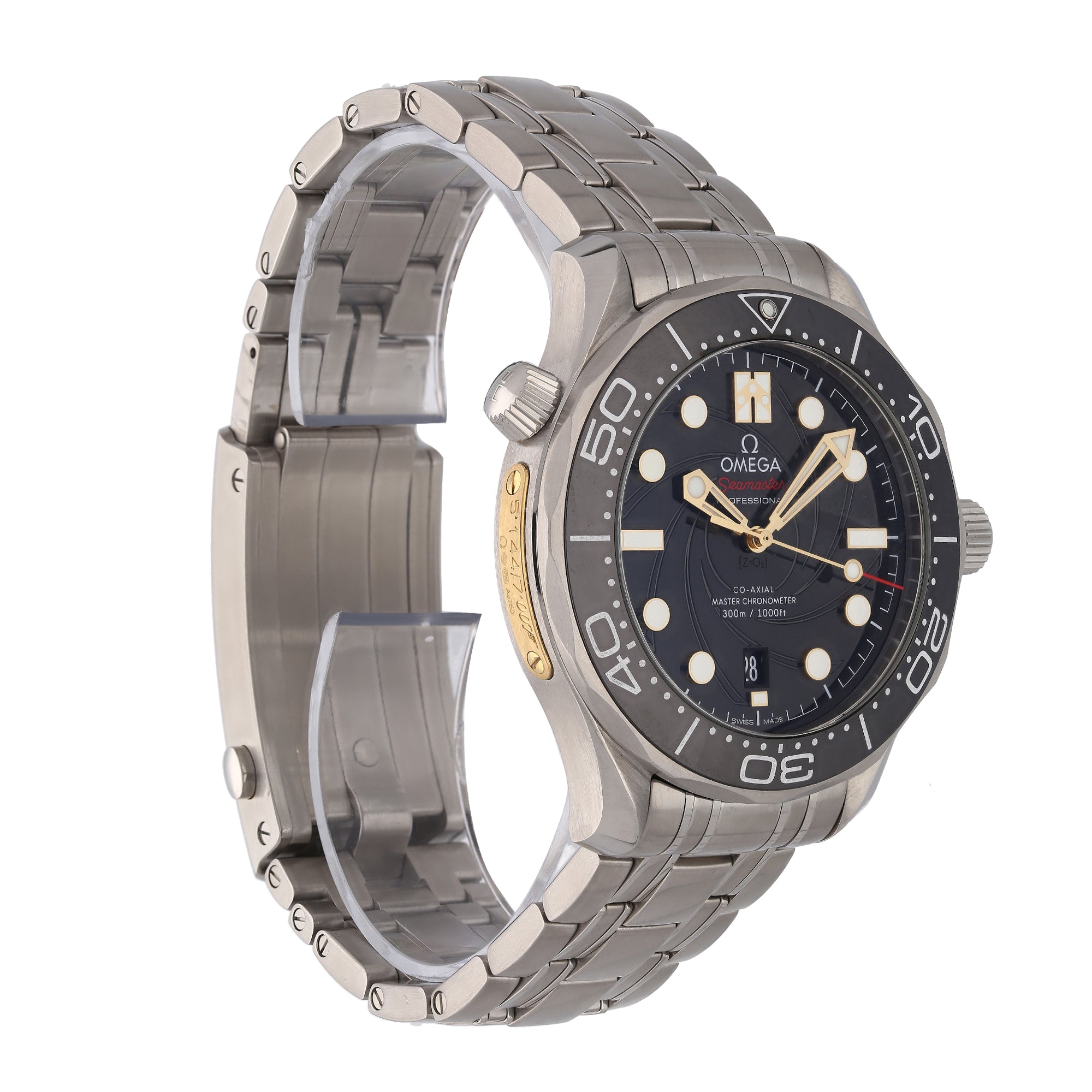 Omega Seamaster Diver 300M James Bond 007 Limited Edition left side profile showing helium escape valve