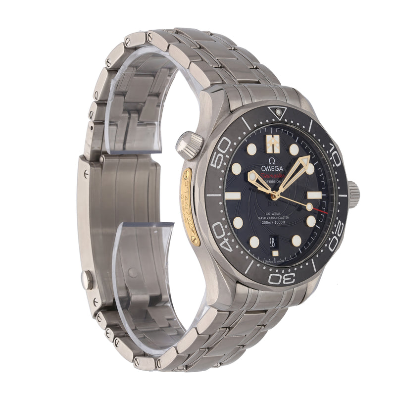 Omega Seamaster Diver 300M James Bond 007 Limited Edition left side profile showing helium escape valve
