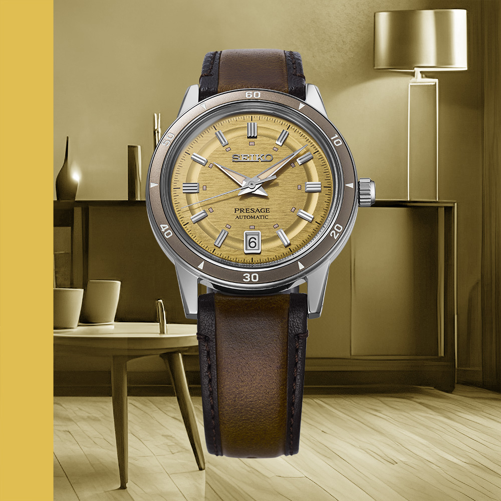 Seiko Presage Style 60s Men’s Golden Yellow 39.5mm Strap Watch SRPL75J1