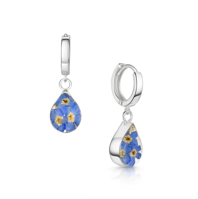 Sterling Silver Huggie Forget-me-not Teardrop Earrings
