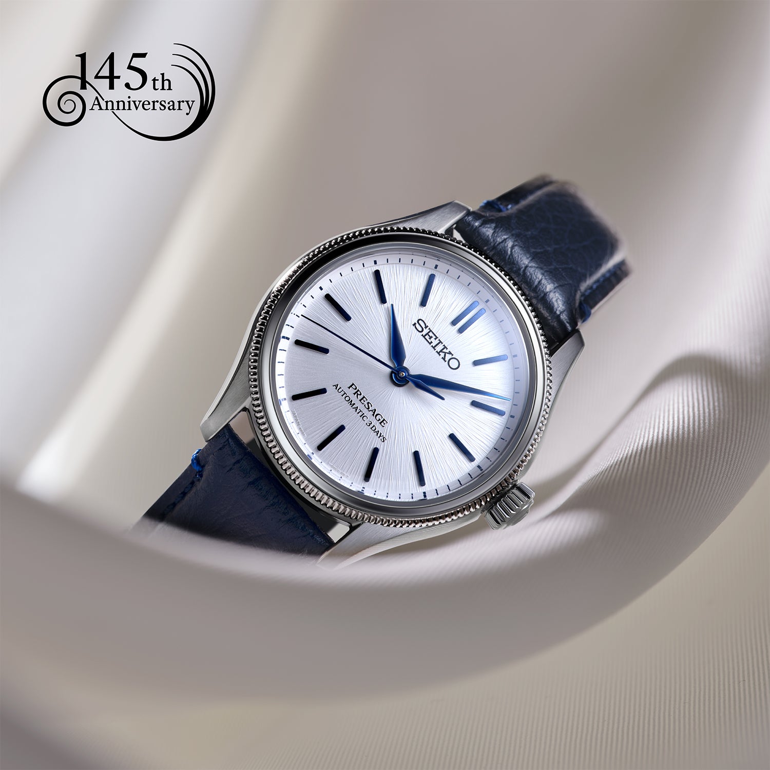 Seiko 145th Anniversary Limited Edition Presage Classic Silver Blue Watch HCC004J1
