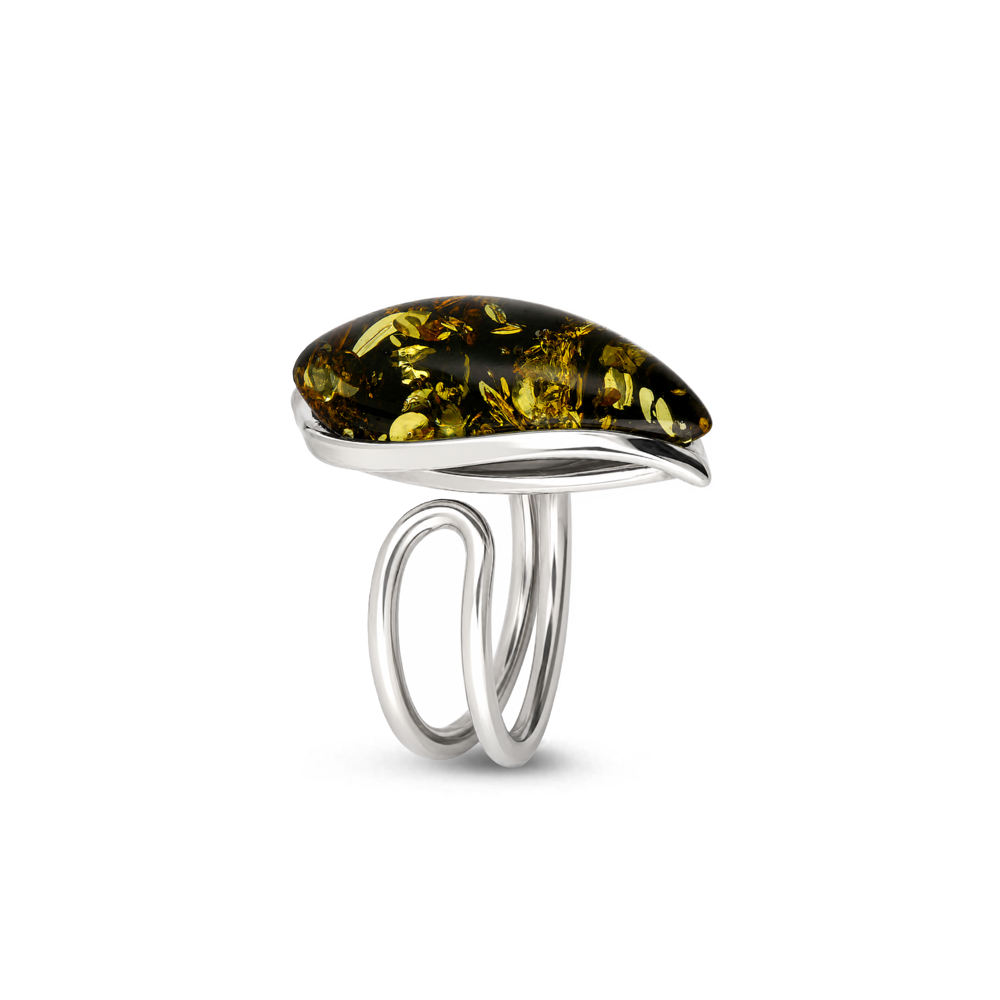 Handmade sterling silver ring featuring a large green Baltic amber stone in a flowing open silver setting on a white background.