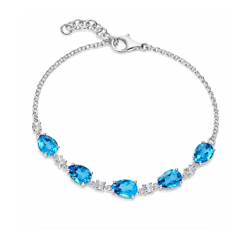 Sterling Silver Swiss Blue Topaz 5 Stone Pear Bracelet
