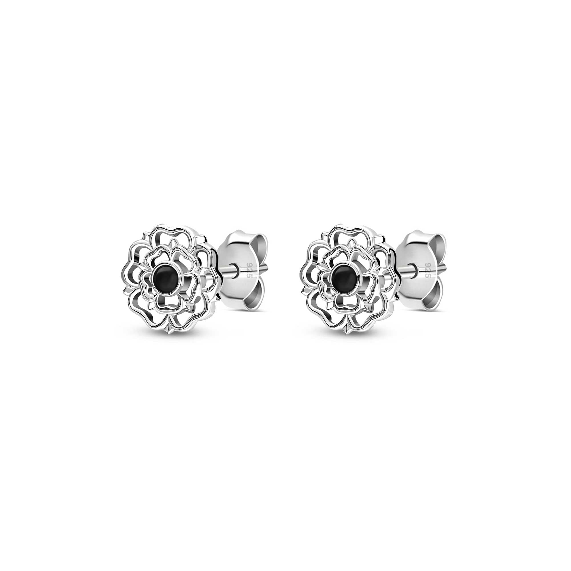 Sterling Silver Whitby Jet Yorkshire Rose Stud Earrings