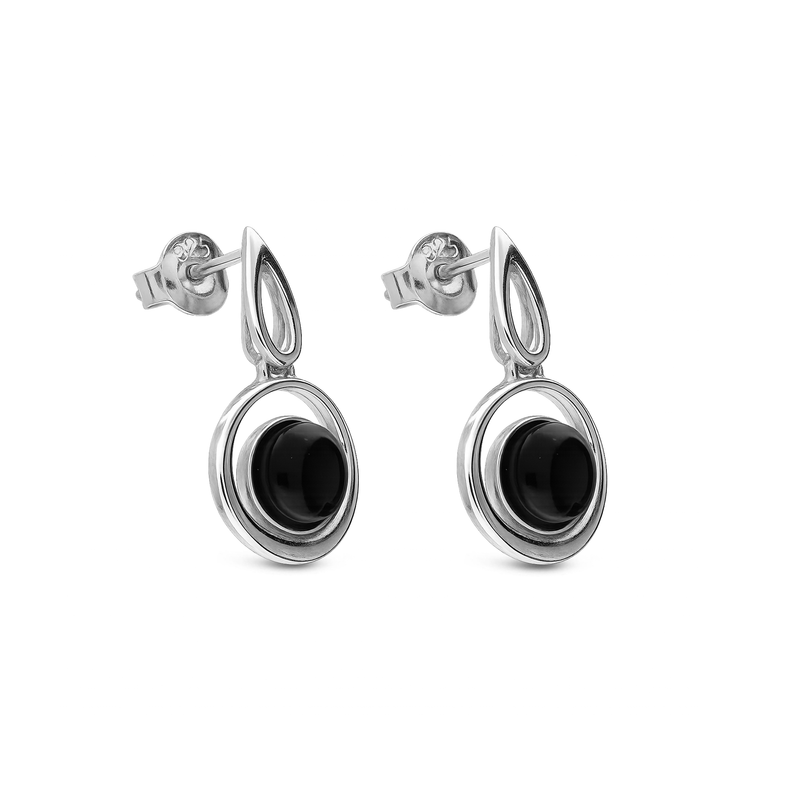 Sterling Silver Whitby Jet Double Round Drop Earrings