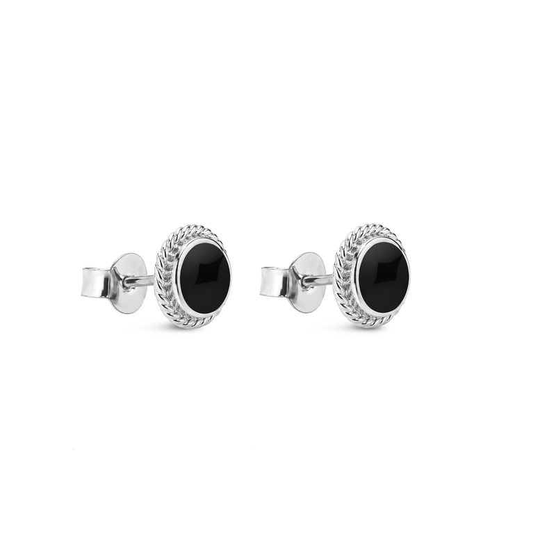 Sterling Silver Whitby Jet Medium Rope Edge Round Stud Earrings