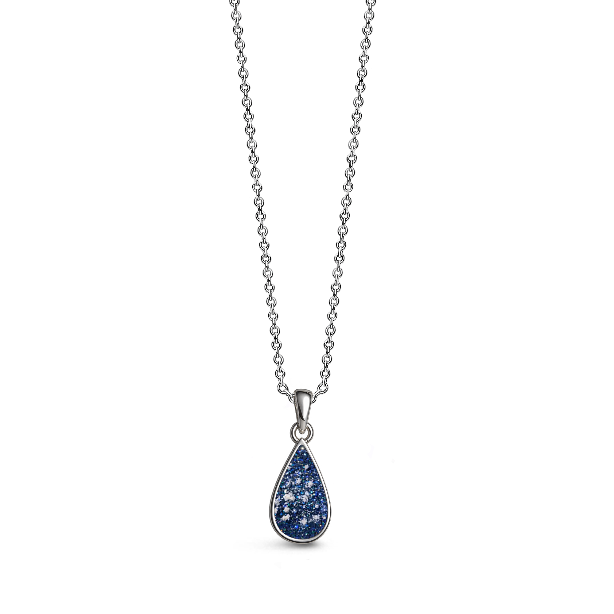 Sterling silver teardrop-shaped ashes keepsake pendant necklace featuring a blue glitter memorial setting with incorporated ashes and a polished silver border.