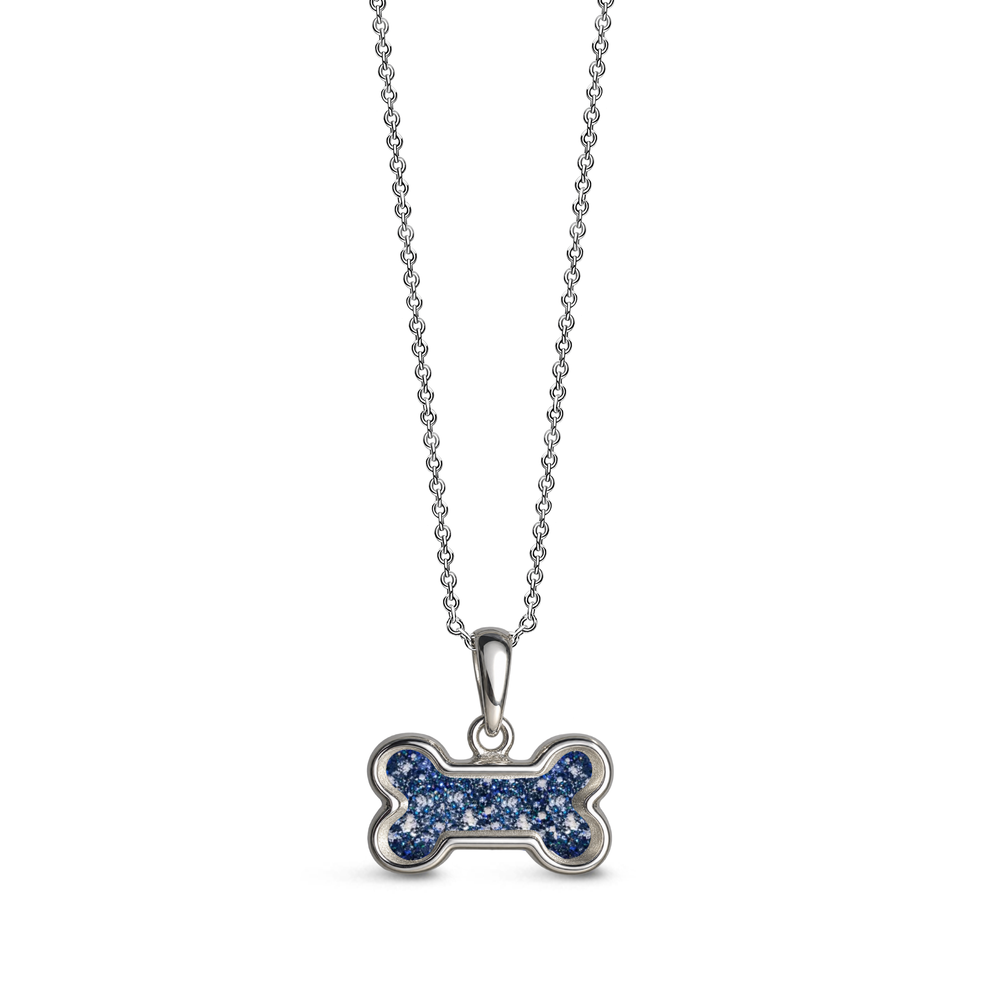 Sterling silver dog bone-shaped ashes keepsake pendant necklace featuring a midnight blue glitter memorial setting with incorporated ashes and a polished silver border.