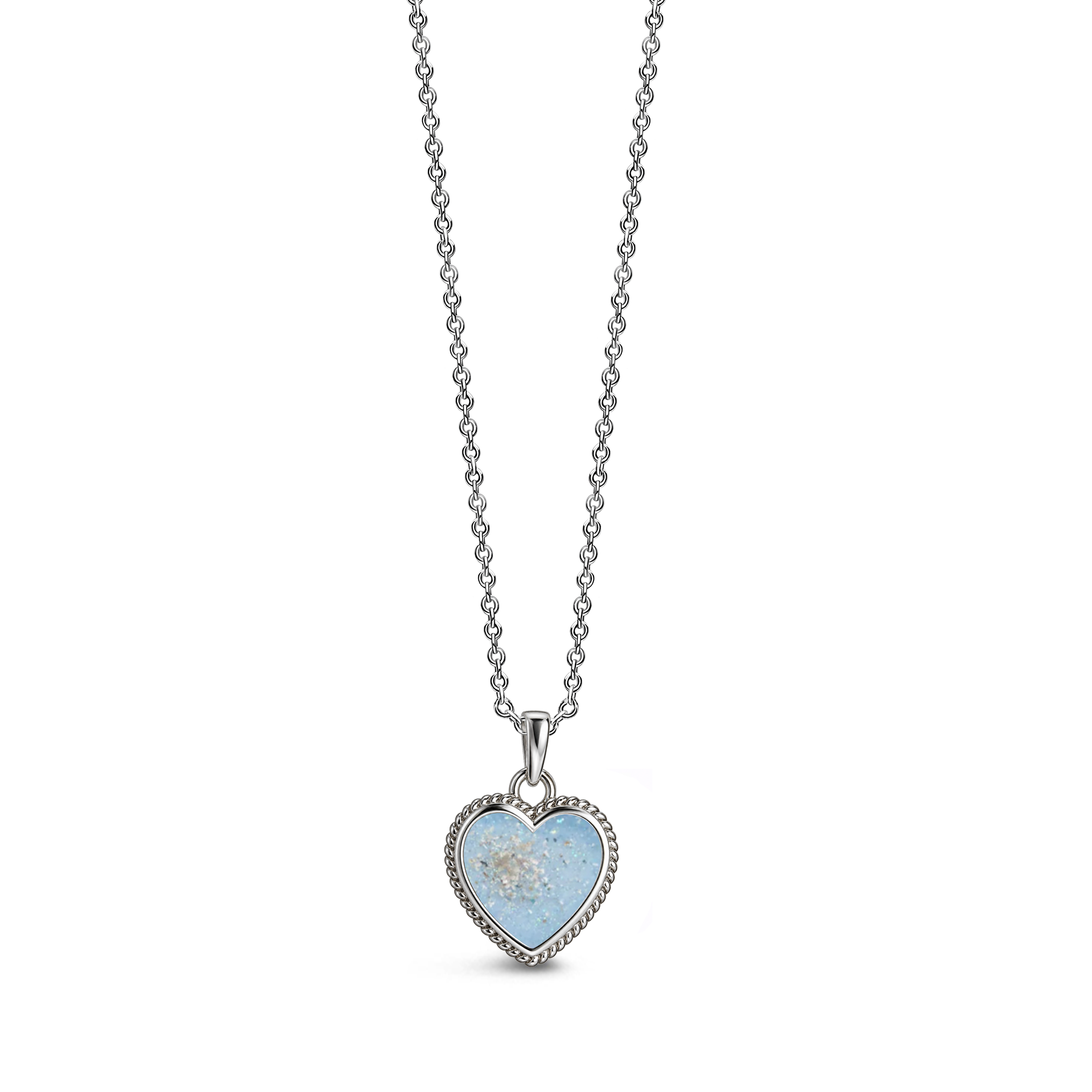 Sterling silver heart-shaped ashes keepsake pendant necklace featuring a baby blue glitter memorial setting with incorporated ashes and a decorative rope-style border.