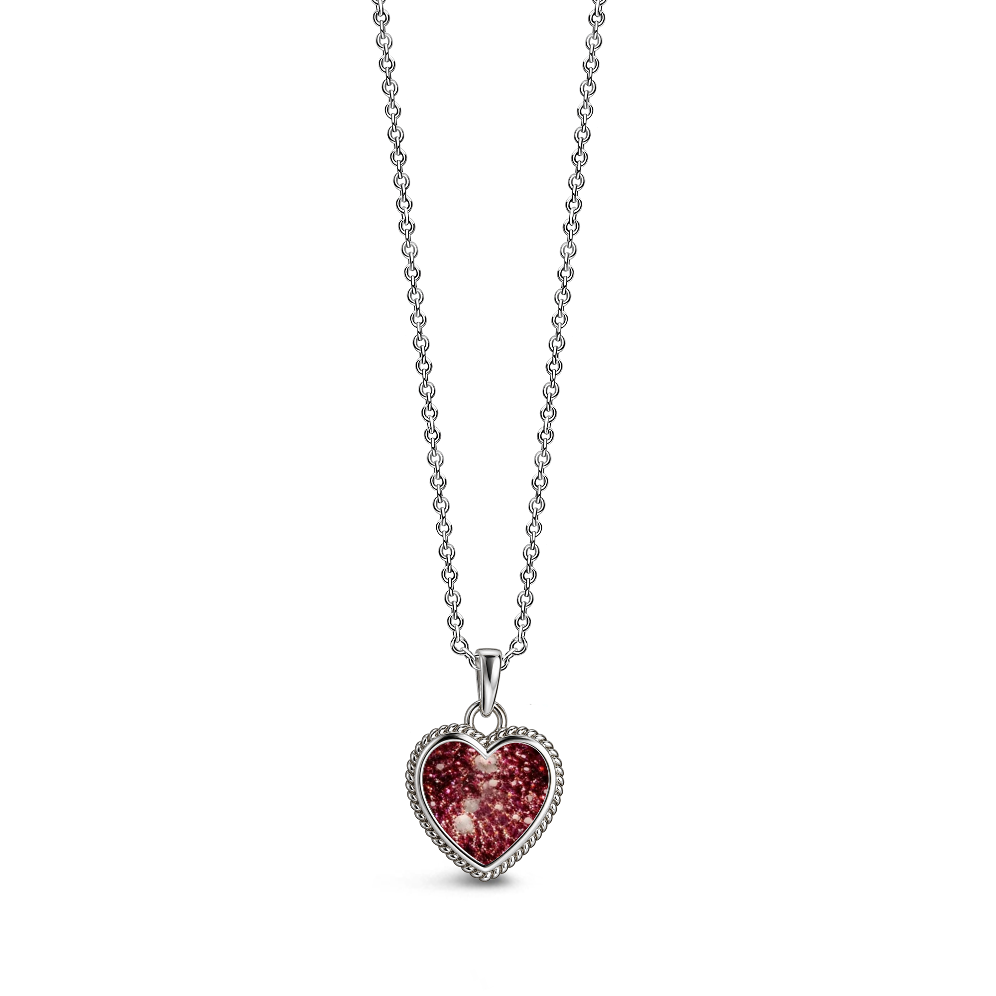 Sterling silver heart-shaped ashes keepsake pendant necklace featuring a cherry glitter memorial setting with incorporated ashes and a decorative rope-style border.