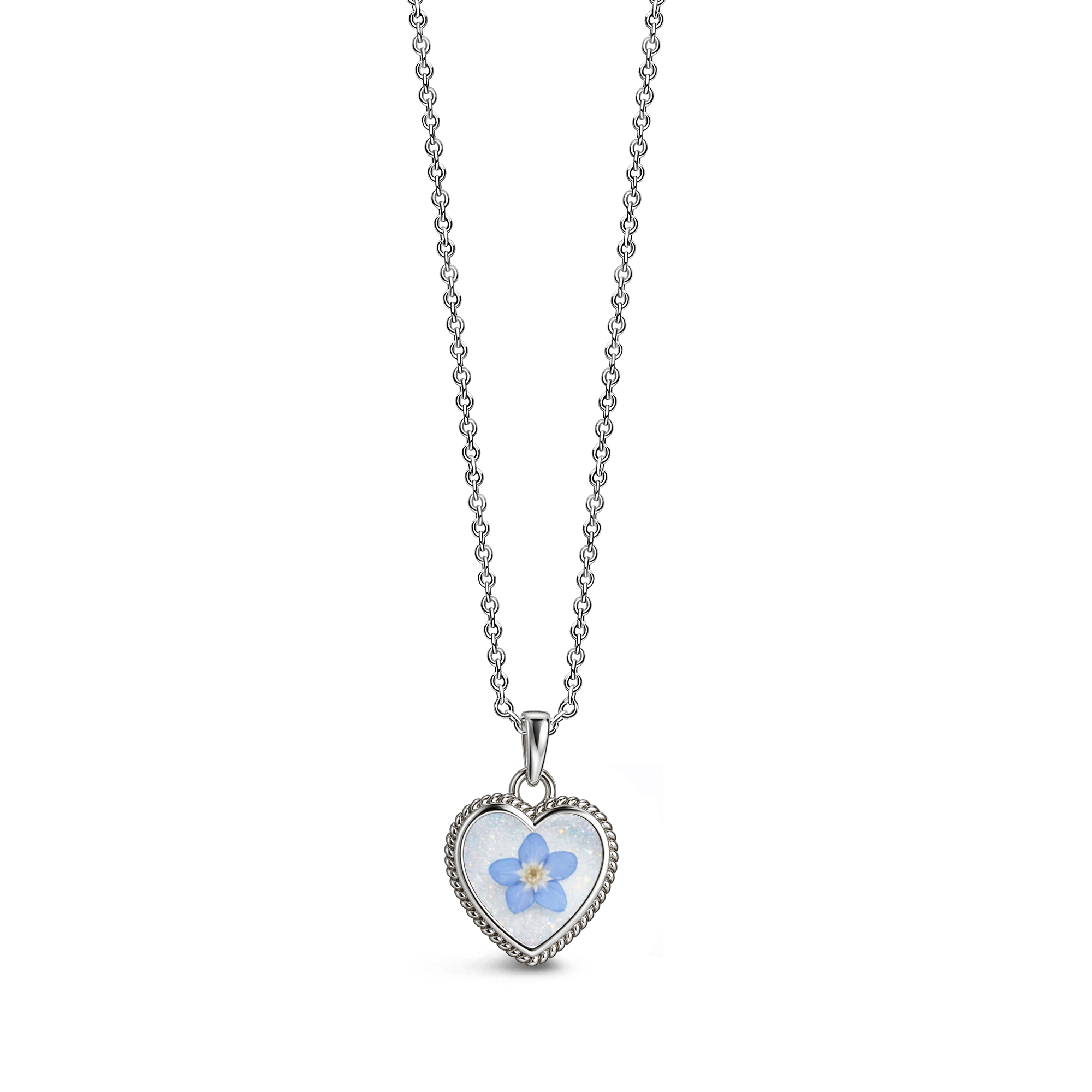Sterling silver heart-shaped ashes keepsake pendant necklace featuring a blue forget-me-not flower on a shimmering white memorial setting with a decorative rope-style border.