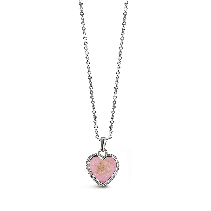 Sterling silver heart-shaped ashes keepsake pendant necklace featuring a fushia pink glitter memorial setting with incorporated ashes and a decorative rope-style border.