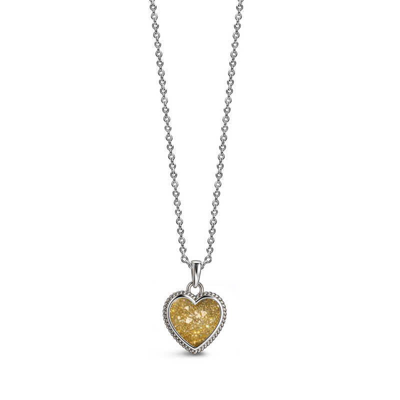 Sterling silver heart-shaped ashes keepsake pendant necklace featuring a gold glitter memorial setting with incorporated ashes and a decorative rope-style border.
