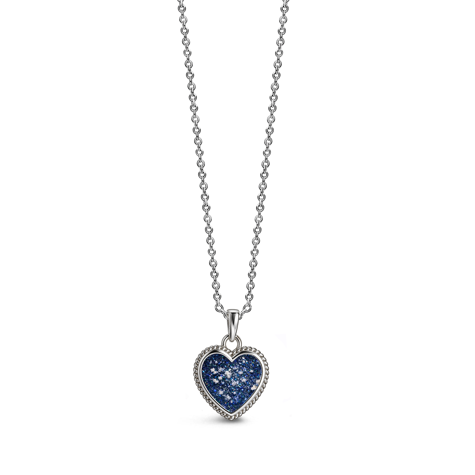 Sterling silver heart-shaped ashes keepsake pendant necklace featuring a midnight blue glitter memorial setting with incorporated ashes and a decorative rope-style border.