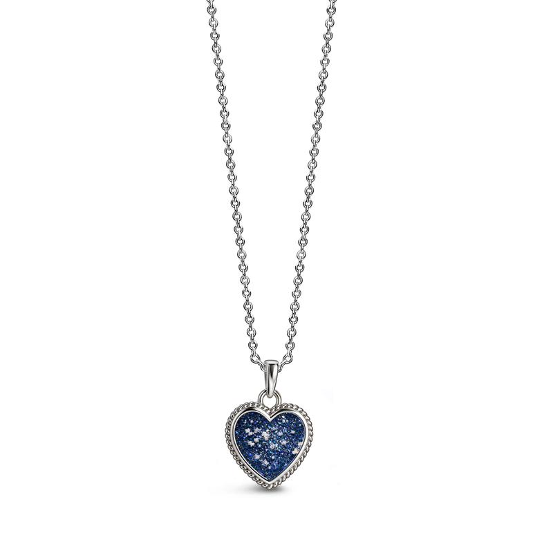 Sterling silver heart-shaped ashes keepsake pendant necklace featuring a midnight blue glitter memorial setting with incorporated ashes and a decorative rope-style border.