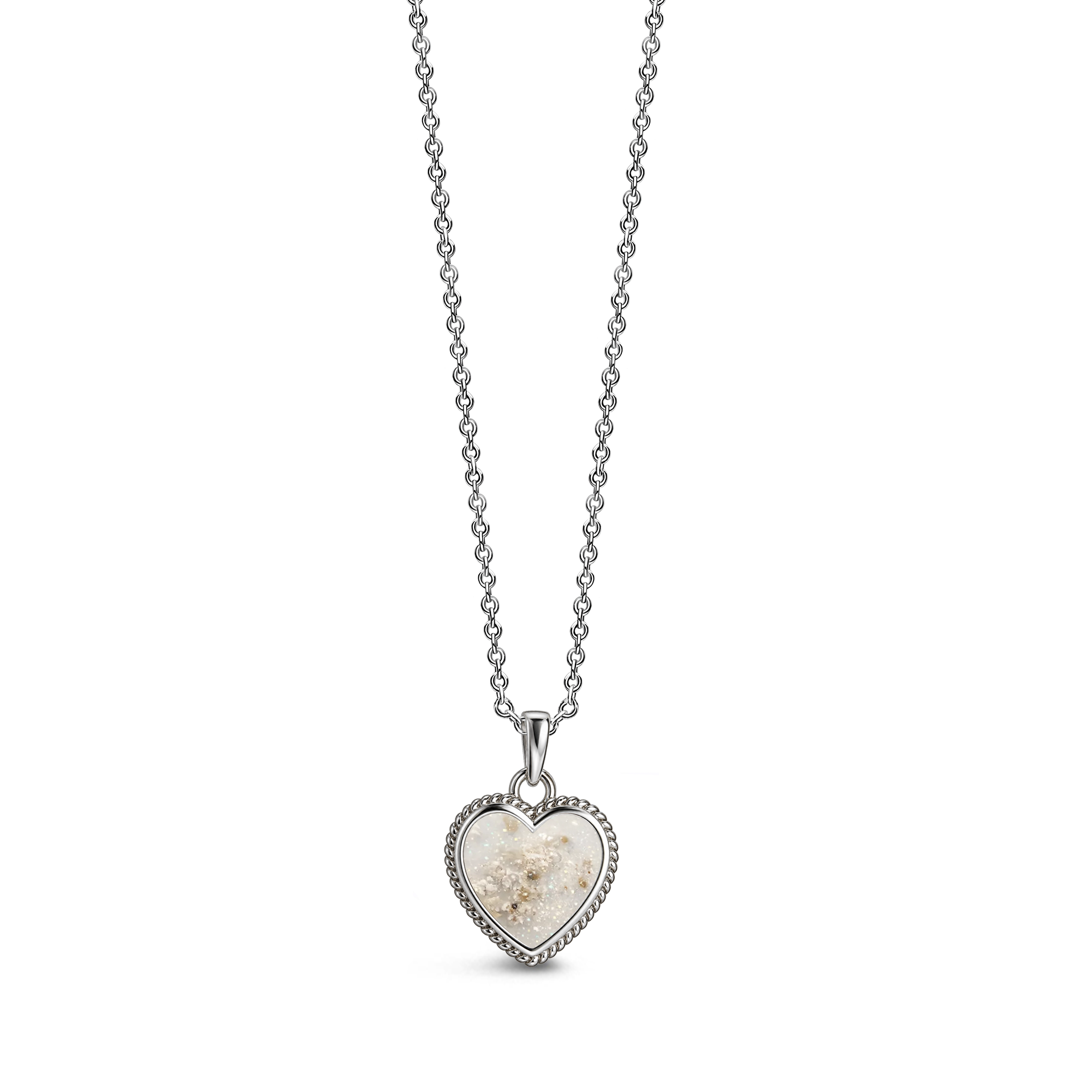 Sterling silver heart-shaped ashes keepsake pendant necklace featuring a opalite glitter memorial setting with incorporated ashes and a decorative rope-style border.