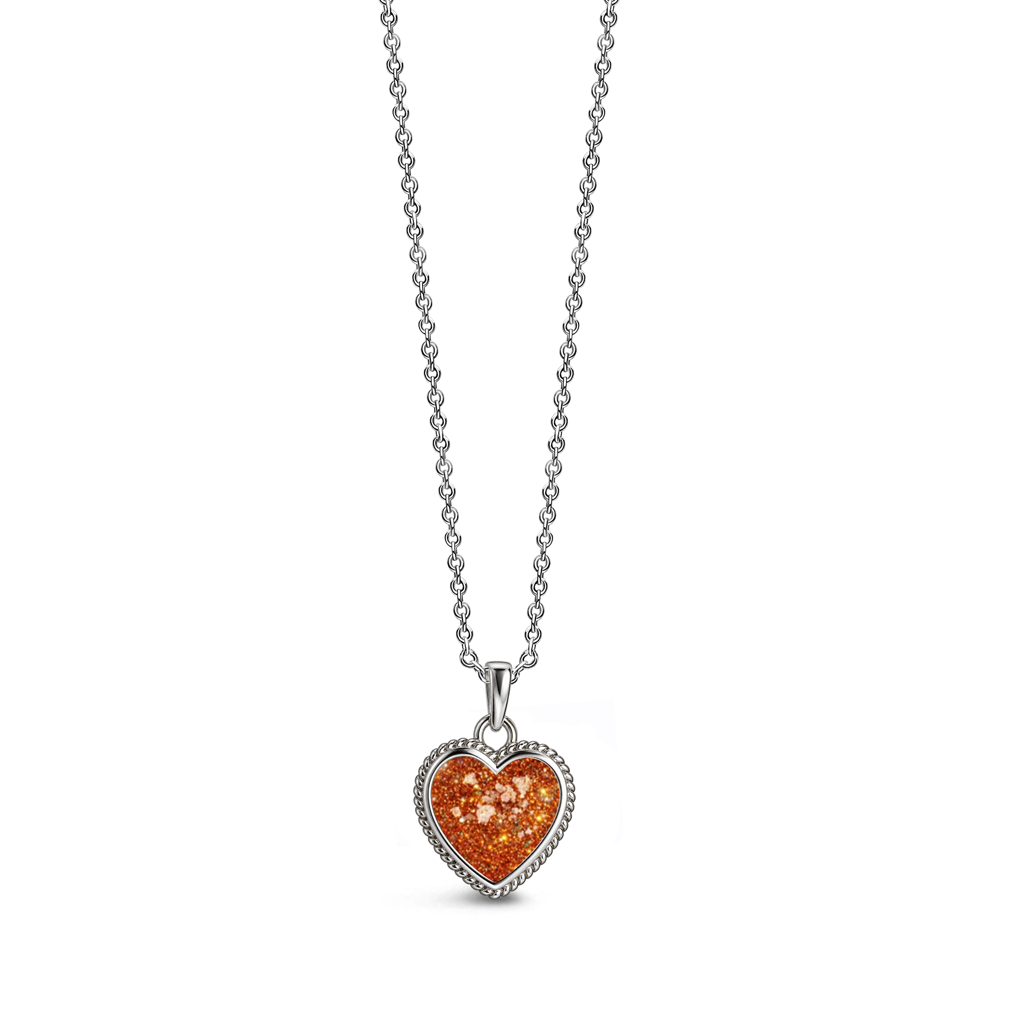 Sterling silver heart-shaped ashes keepsake pendant necklace featuring a orange glitter memorial setting with incorporated ashes and a decorative rope-style border.