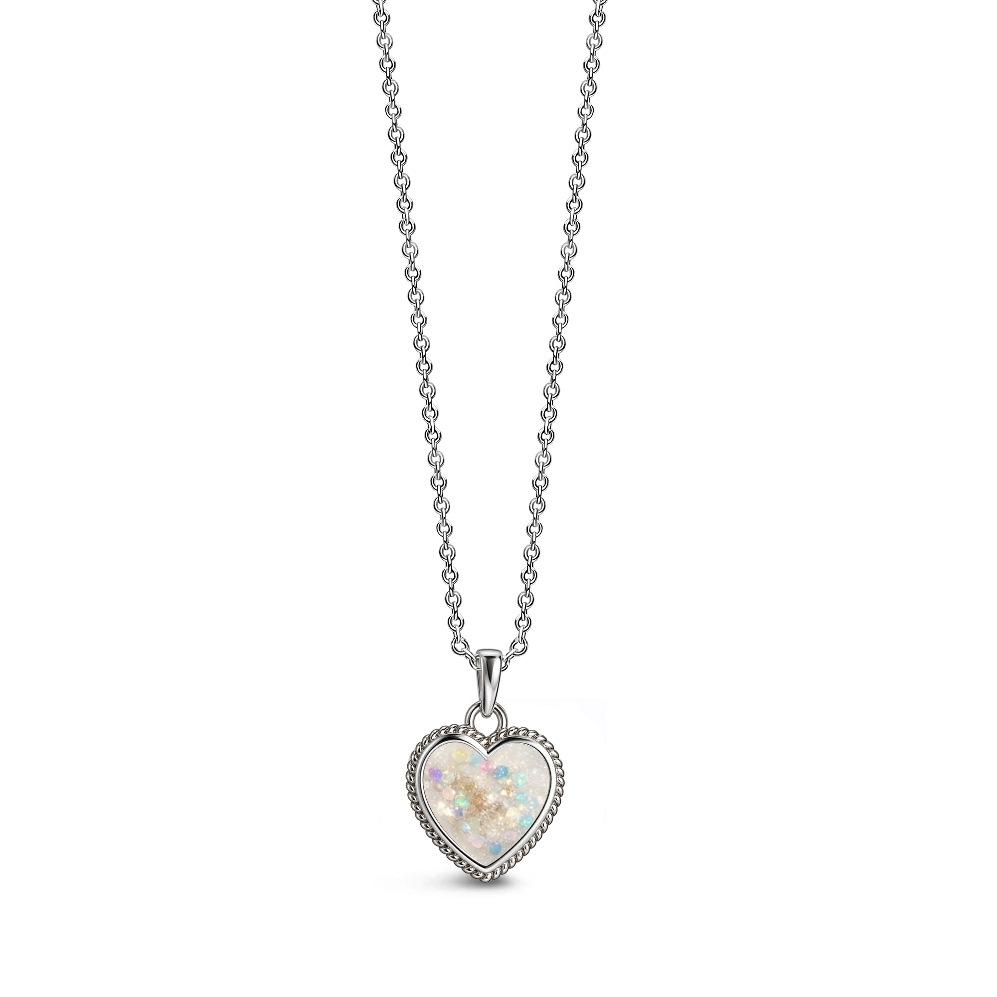 Sterling silver heart-shaped ashes keepsake pendant necklace featuring a pearl glitter memorial setting with incorporated ashes and a decorative rope-style border.