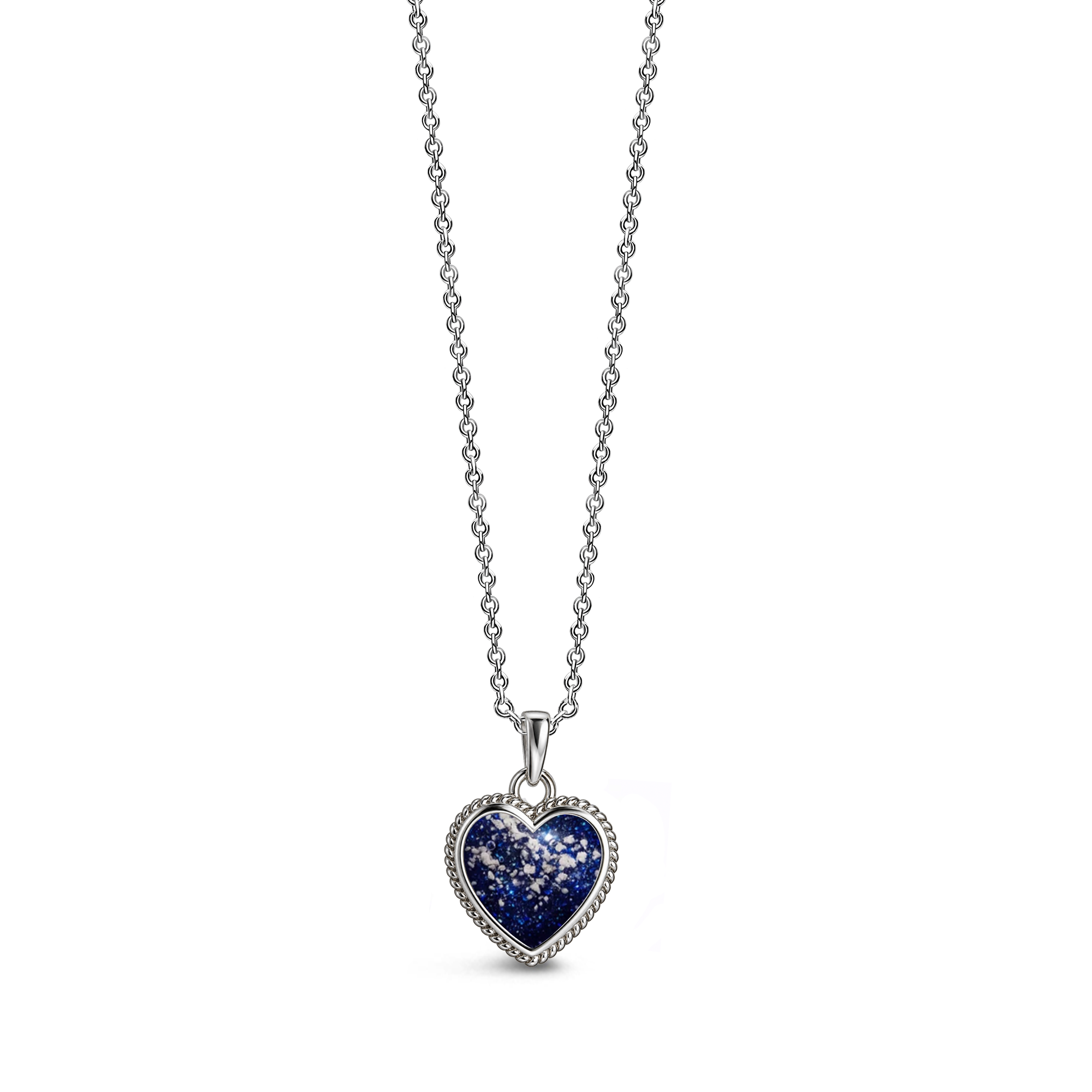 Sterling silver heart-shaped ashes keepsake pendant necklace featuring a sapphire glitter memorial setting with incorporated ashes and a decorative rope-style border.