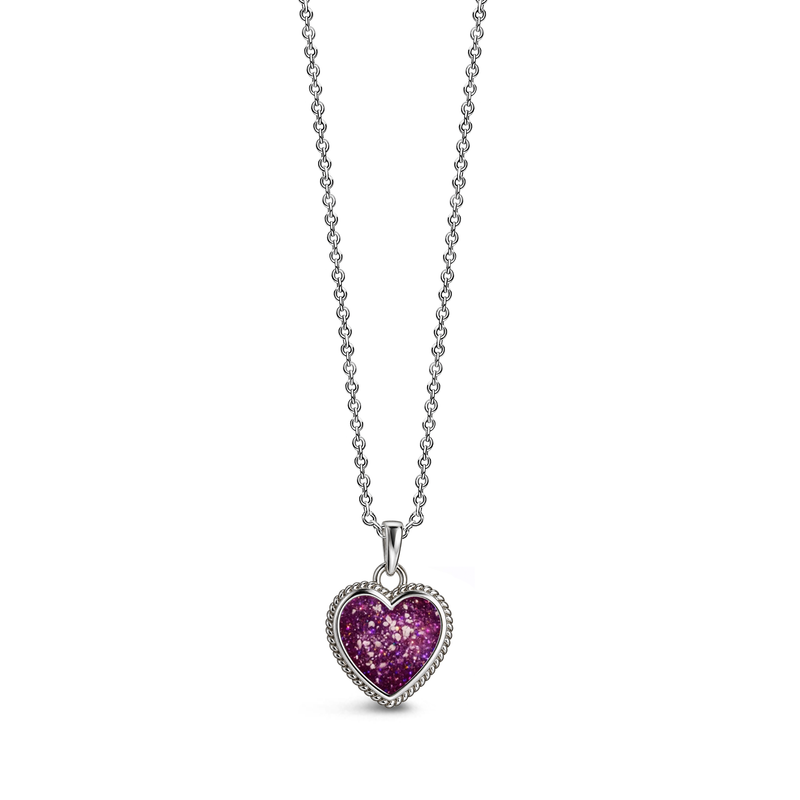 Sterling silver heart-shaped ashes keepsake pendant necklace featuring a violet glitter memorial setting with incorporated ashes and a decorative rope-style border.
