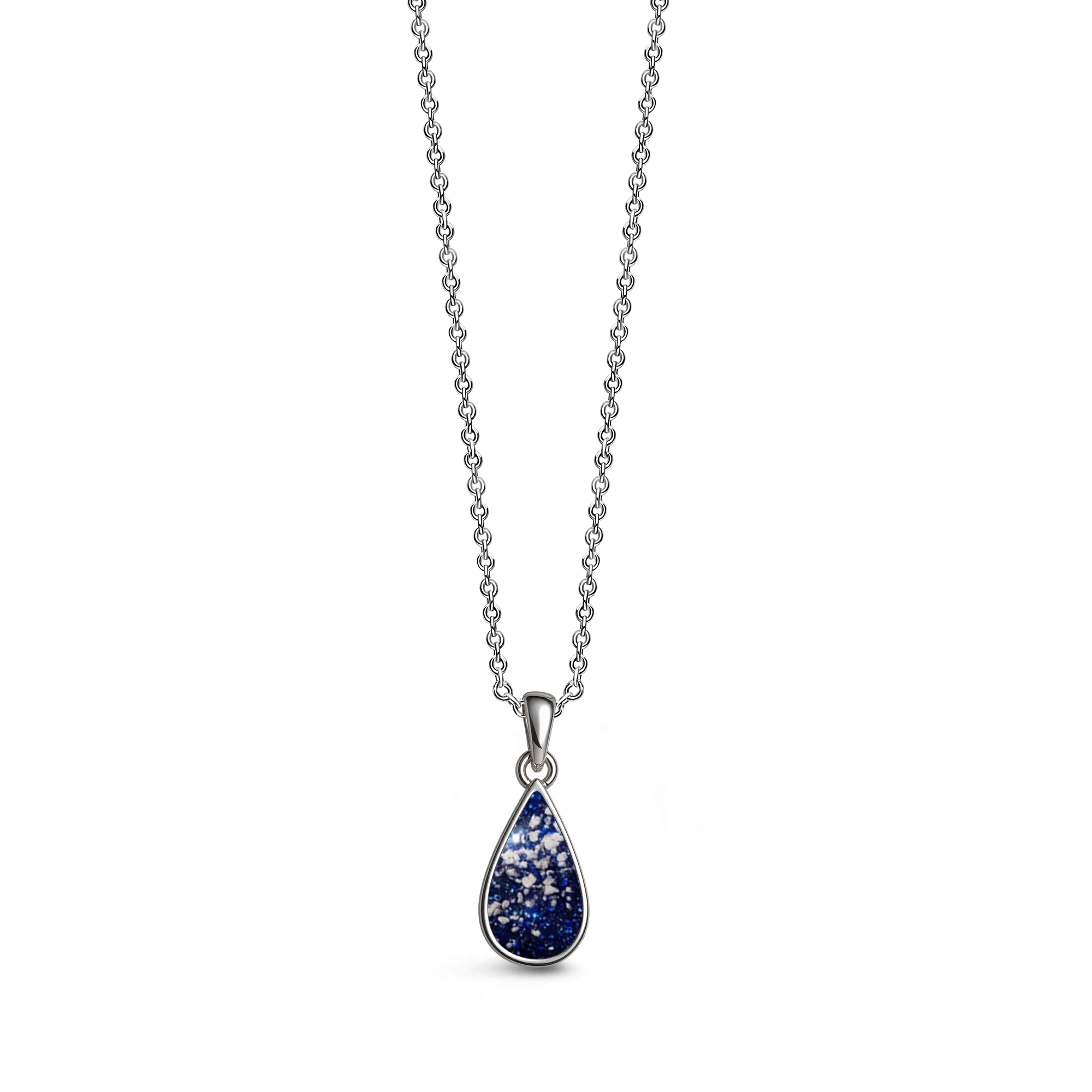 Sterling silver teardrop-shaped ashes keepsake pendant necklace featuring a midnight blue glitter memorial setting with incorporated ashes and a polished silver border.