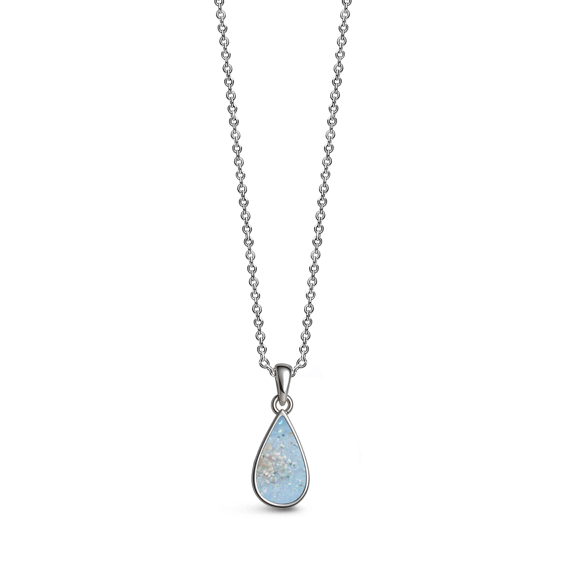 Sterling silver teardrop-shaped ashes keepsake pendant necklace featuring a baby blue glitter memorial setting with incorporated ashes and a polished silver border.