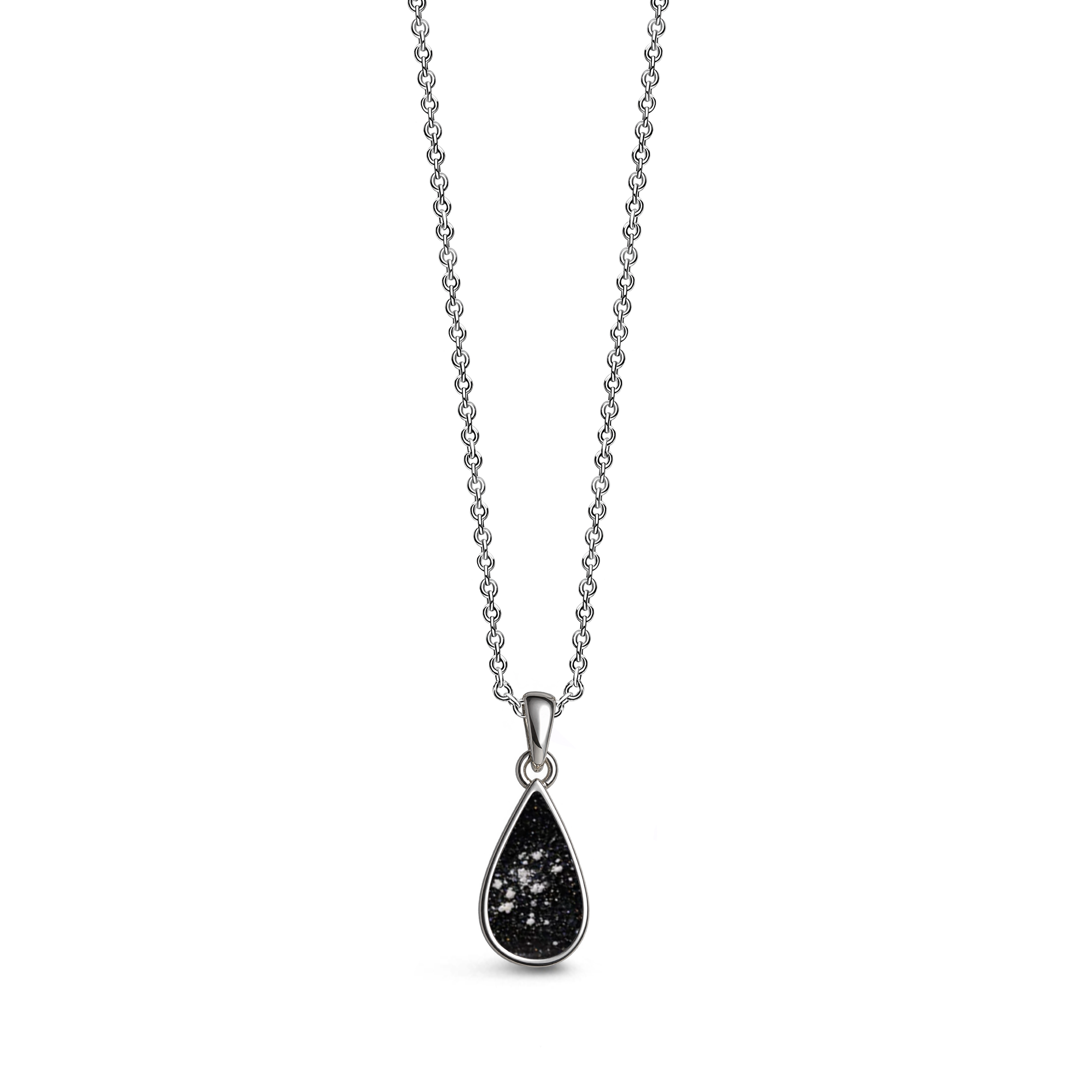 Sterling silver teardrop-shaped ashes keepsake pendant necklace featuring a black glitter memorial setting with incorporated ashes and a polished silver border.
