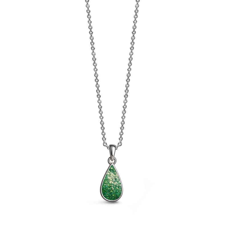 Sterling silver teardrop-shaped ashes keepsake pendant necklace featuring a green glitter memorial setting with incorporated ashes and a polished silver border.