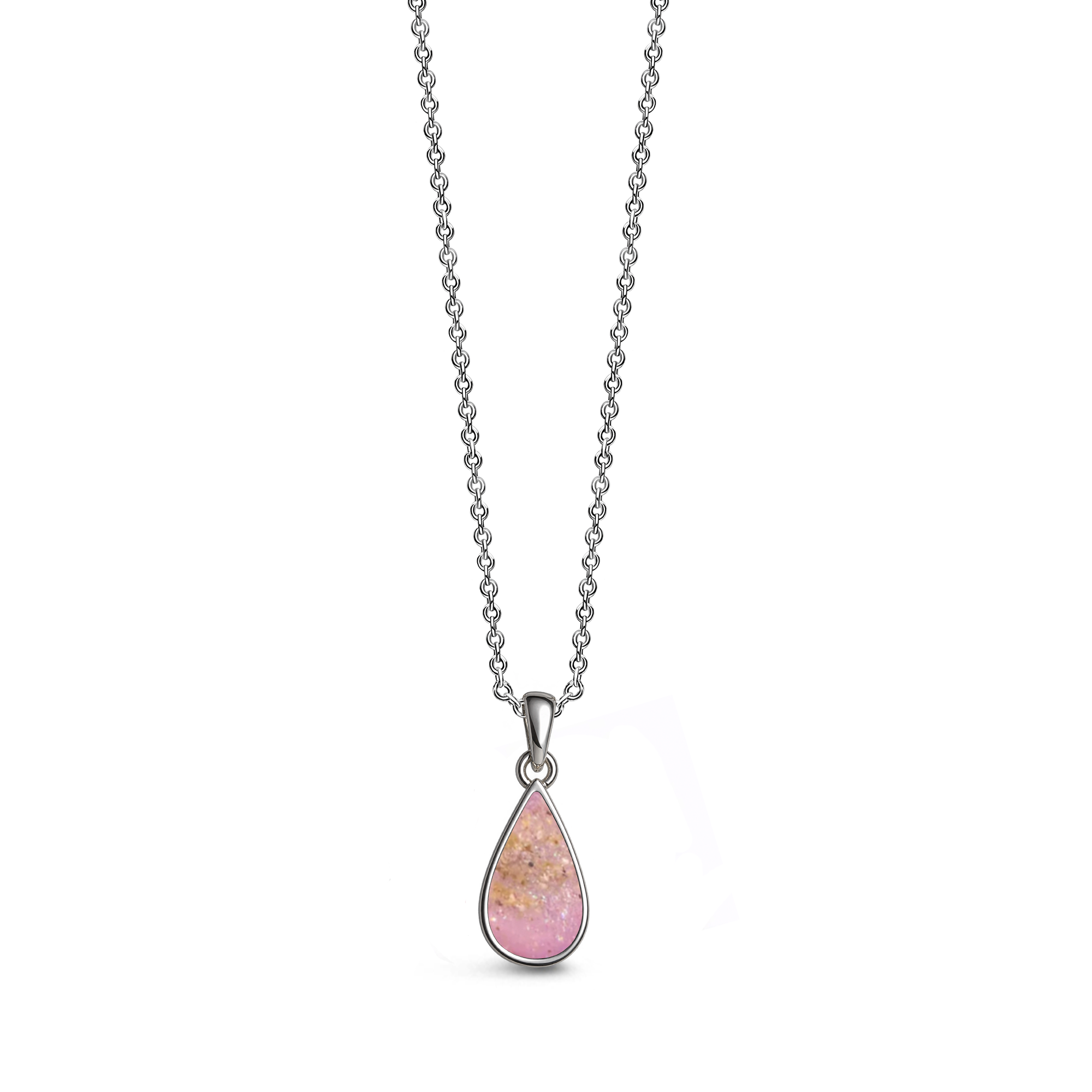 Sterling silver teardrop-shaped ashes keepsake pendant necklace featuring a fuchia pink glitter memorial setting with incorporated ashes and a polished silver border.