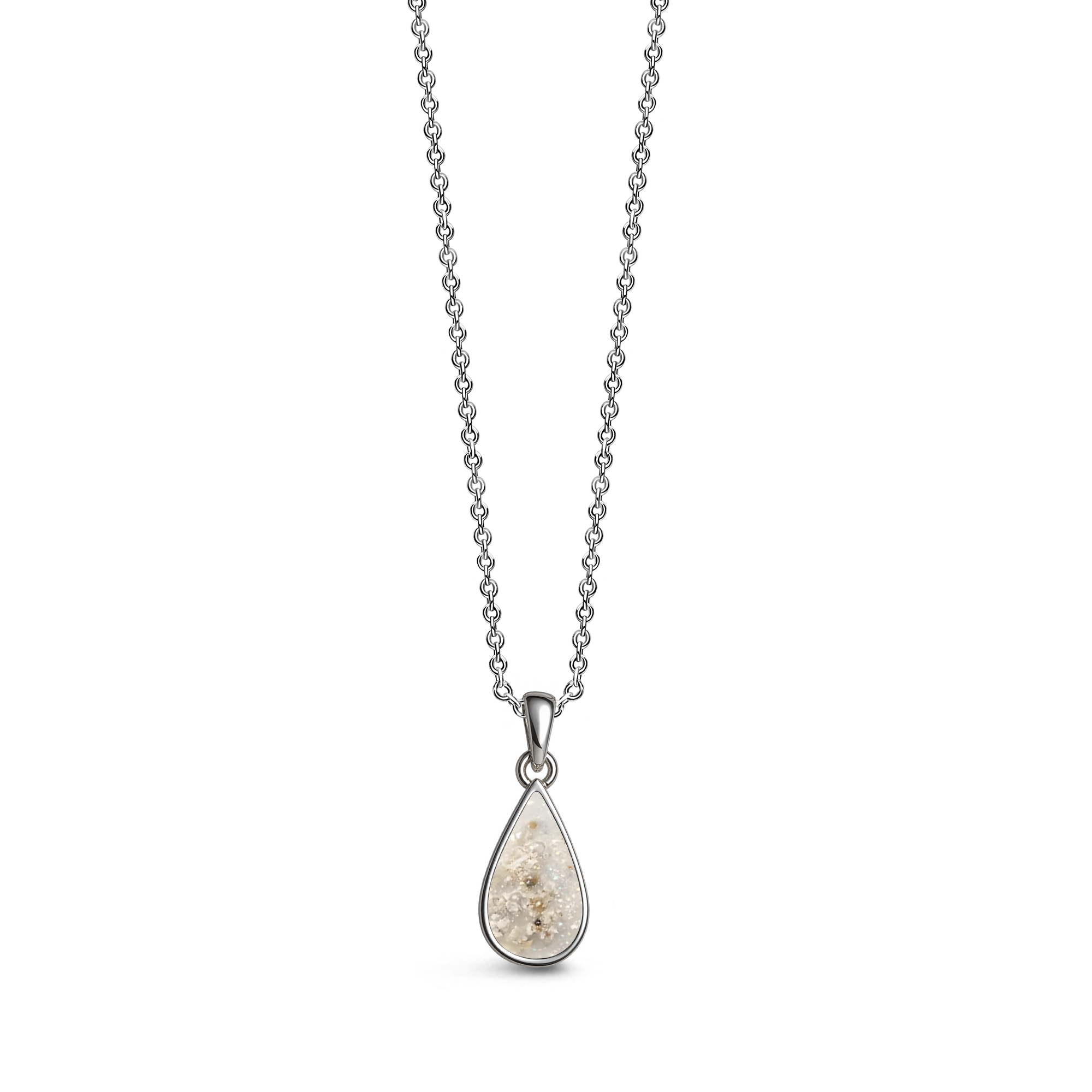 Sterling silver teardrop-shaped ashes keepsake pendant necklace featuring a opal glitter memorial setting with incorporated ashes and a polished silver border.
