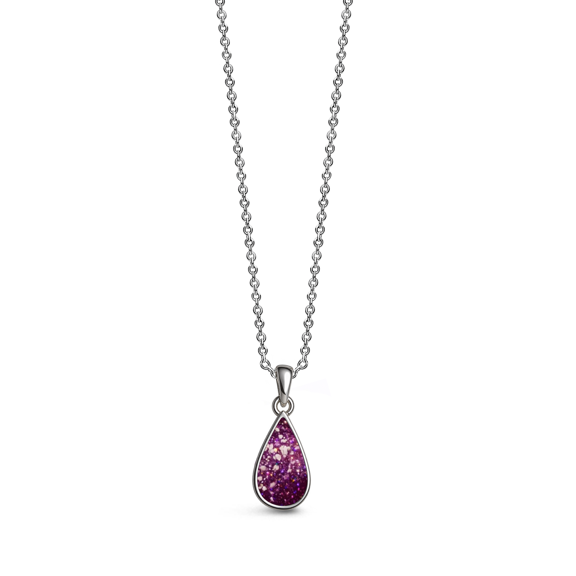 Sterling silver teardrop-shaped ashes keepsake pendant necklace featuring a violet glitter memorial setting with incorporated ashes and a polished silver border.